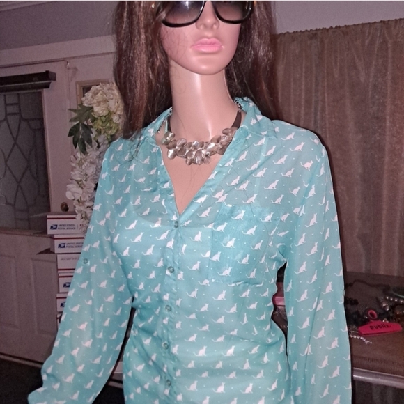 White Cat 🐱 Print Teal Blouse - Picture 2 of 7